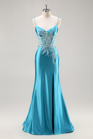 Sirena raso corsetto blu abito da cerimonia con liste